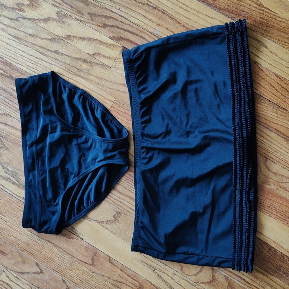 2 Black bathing suit bottoms, one skort-like w/ruffles and other regular bottom